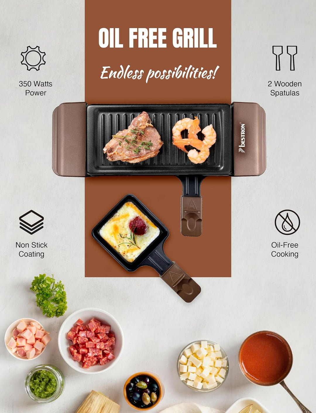 Bestron Raclette für 1 bis 2 Personen, Mini Tischgrill mit zwei Pfännchen, zwei Holzschabern & zwei
