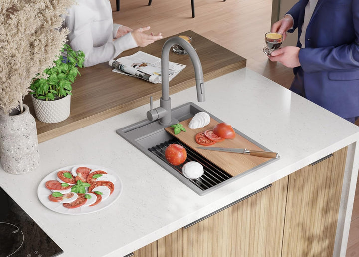 PRIMAGRAN Spülbecken Alles Weiss - Oslo Pocket, 38x53cm | Granitspüle 1 Becken + Ablauf-Set, Küchens