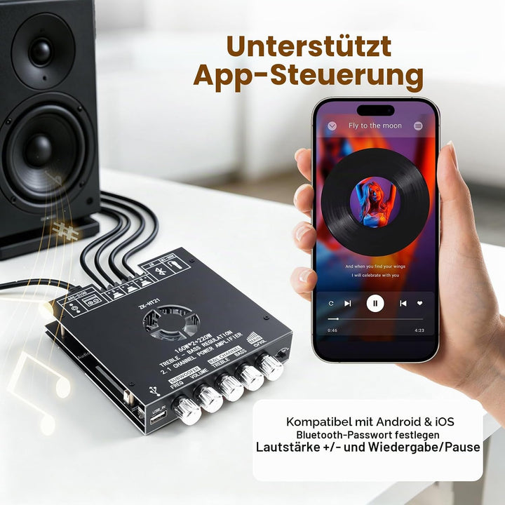 ZK-HT21 HiFi Verstärker mit Bluetooth Mini Stereo-Audioverstärker 2.1 Kanal 160W x 2 + 220W Stereo M