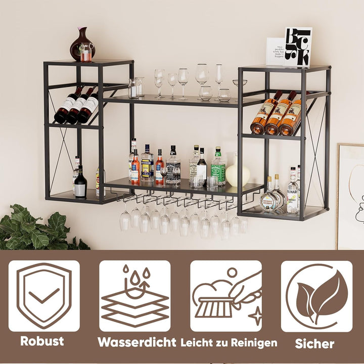 uyoyous 2 Ebenen Metall Weinregal Wand, 48 Zoll Industriell Wandweinregal mit 6 Glashaltern, Barrega