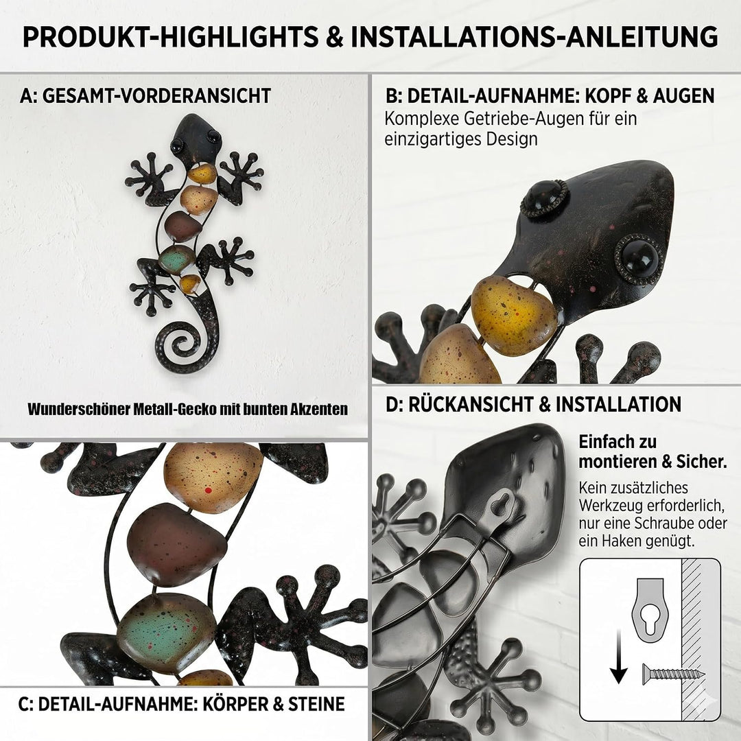 Metall Gecko Gartendeko, Wanddekoration Eidechse Skulptur Hängend 20×40cm Braun, Braun - Gebogener S
