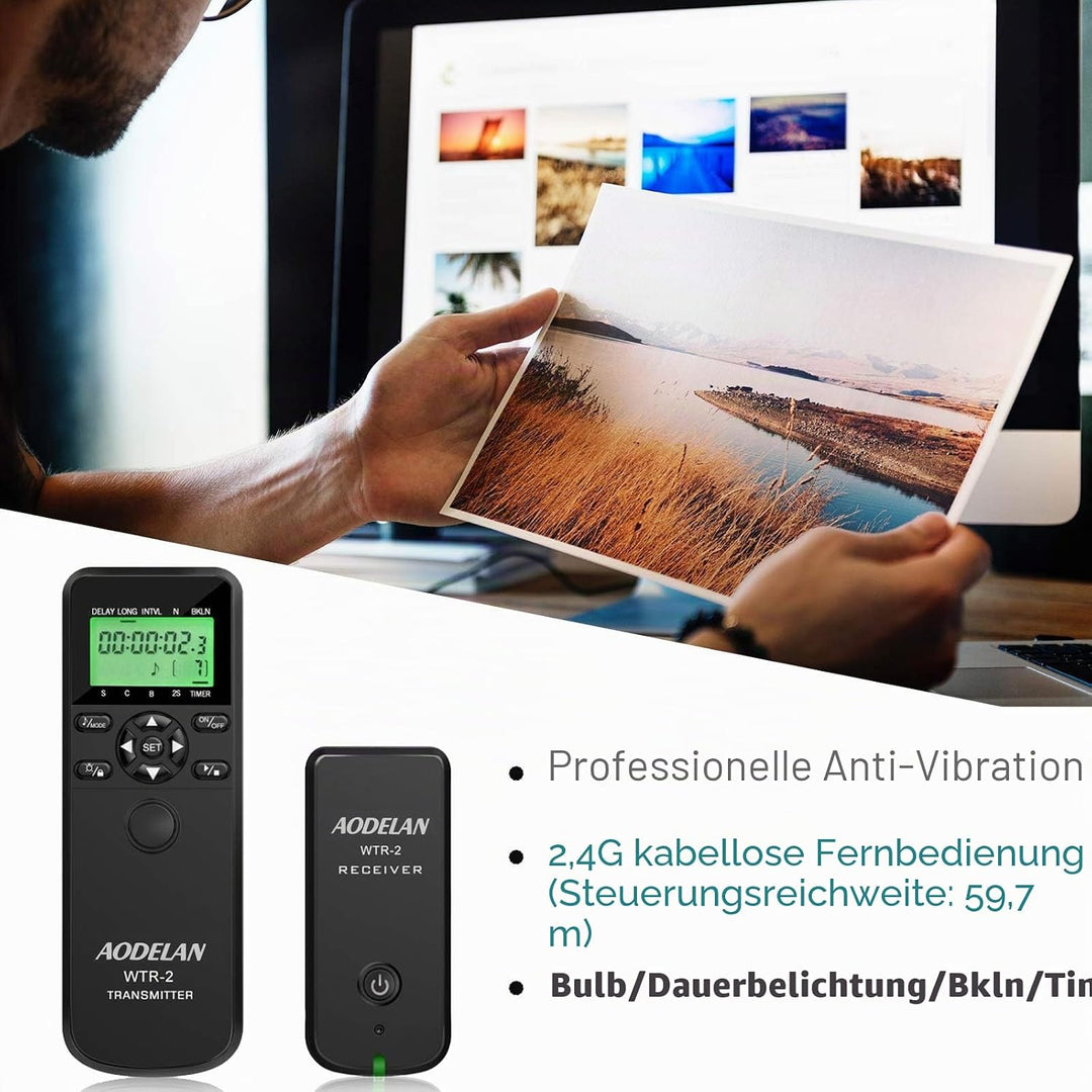 AODELAN WTR2 Kabelloser Fernauslöser Timer für Nikon D5300, D850, D810, D700, D500, D4, D5, D4s, D31