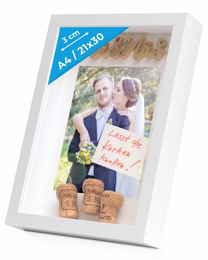 PHOTOLINI 3D Bilderrahmen zum Befüllen 21x30 A4 Weiss, 3 cm tiefer Objektrahmen mit Glas, tiefer Bil