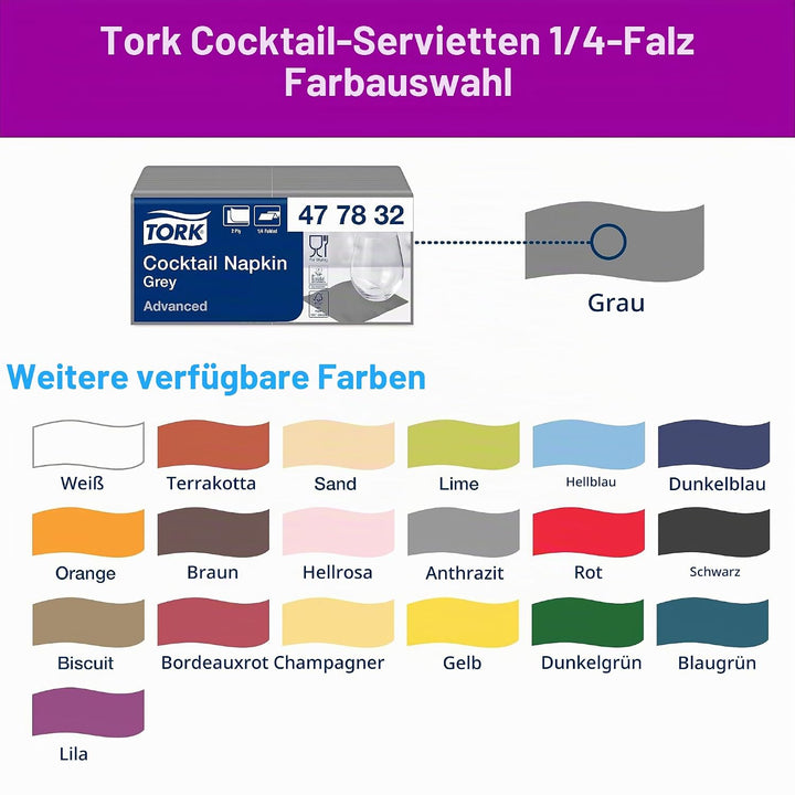 Tork 477832 Cocktailservietten Grau / Cocktail Serviette in Advanced Qualität mit 1/4 Falz / 12 x 20