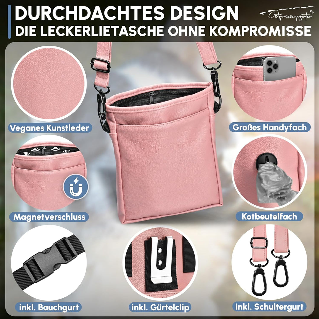 Ostfriesenpfoten® Leckerlibeutel 'Frieda' für Hunde aus hochwertigem Kunstleder - Altrosa Grösse L -