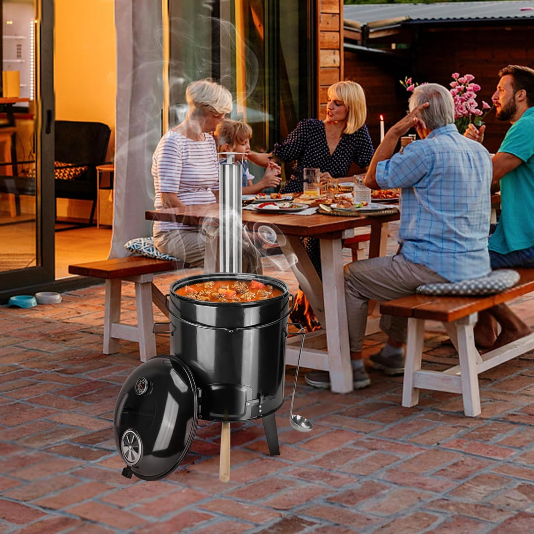 Onlyfire Emailliert Gulaschkanone, Kesselgulasch mit Hähnchenbräter, Grillrost, Suppenkessel, Pfanne