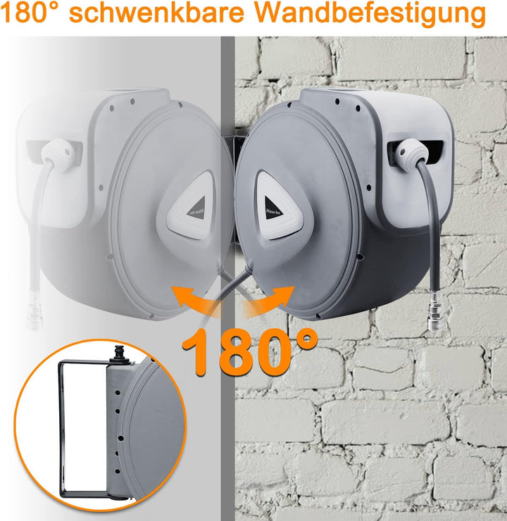 Druckluftschlauch Aufroller automatisch mit 30m Schlauch, 1/4' Anschluss, 180° Schenkbar Wand-Schlau