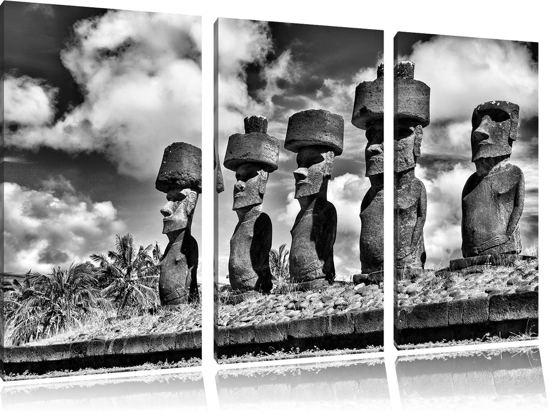 Pixxprint Monocrome, Moai Statuen auf den Osterinseln am Tag 3-Teiler Leinwandbild 120x80 Bild auf L