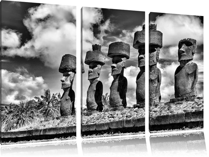 Pixxprint Monocrome, Moai Statuen auf den Osterinseln am Tag 3-Teiler Leinwandbild 120x80 Bild auf L