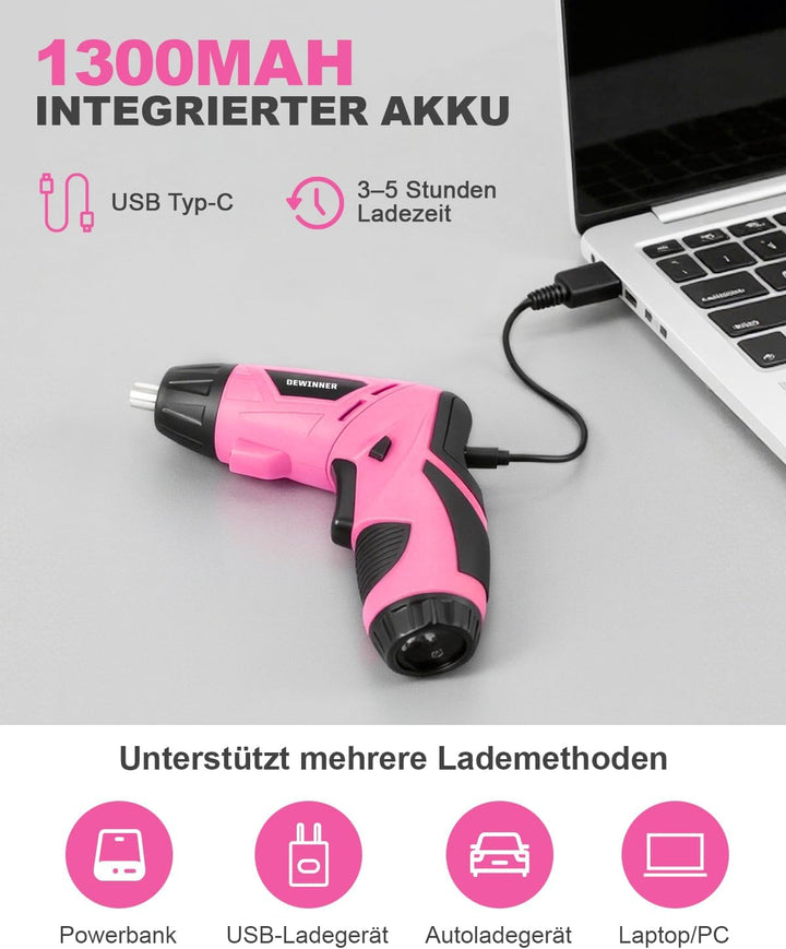 DEWINNER Akkuschrauber Rosa 3,6V 3N.m 1300mAh – Kompakter Bohrschrauber mit LED-Licht, USB-C Ladekab