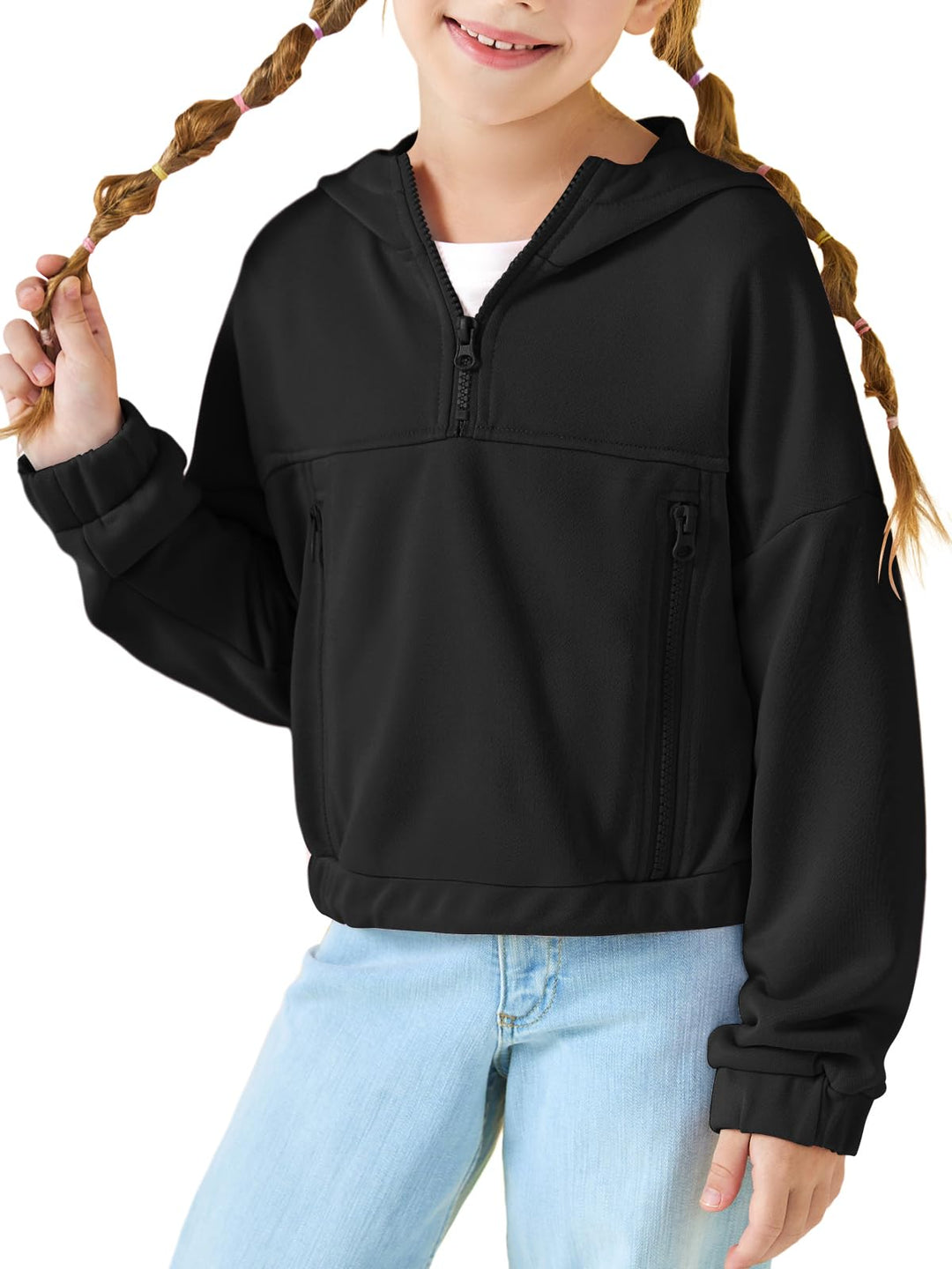 Haloumoning Mädchen Hälfte Zip Up Hoodies Kinder Mode lose Hooded Sweatshirts mit Taschen 3-14 Jahre