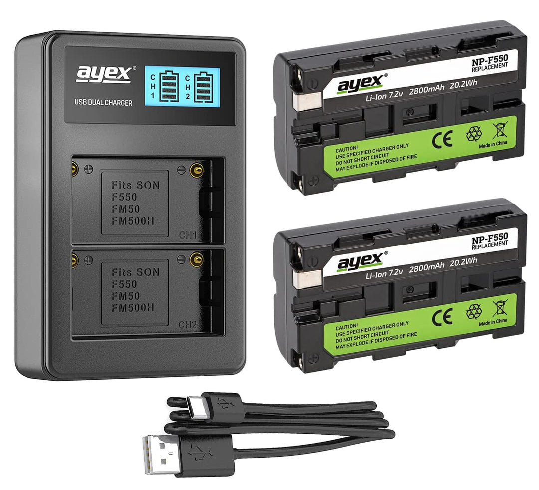 ayex Power-Paket mit 2 x ayex Akku NP-F550 Passend für Sony u.1 x ayex USB Dual-Ladegerät Zubehör 2x