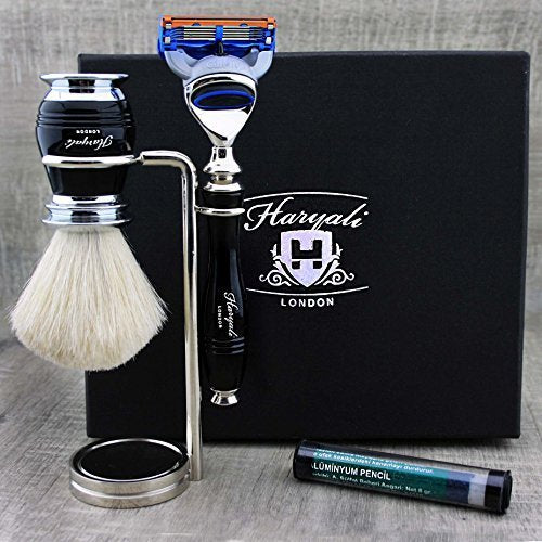 Haryali London Black Herren-Rasierset mit 5-Kant-Rasiermesser, Rasierpinsel, Alaunstift und Rasierst