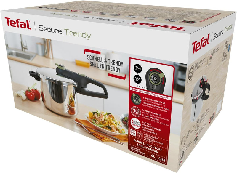 Tefal Secure Trendy Schnellkochtopf induktion 6l, 2-Stufen-Garregler: Intensivstufe 117°C, Schonstuf