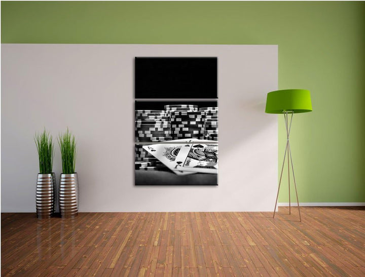 Pixxprint Monocrome, Pokertisch mit Karten in Las Vegas 3-Teiler Leinwandbild 120x80 Bild auf Leinwa