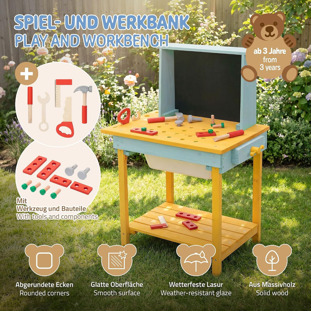 Joyz Werkbank Kinder Holz, Kinderwerkbank mit Tafel &amp; Zubehör, Werkzeugbank Kinder aus massivem Tann