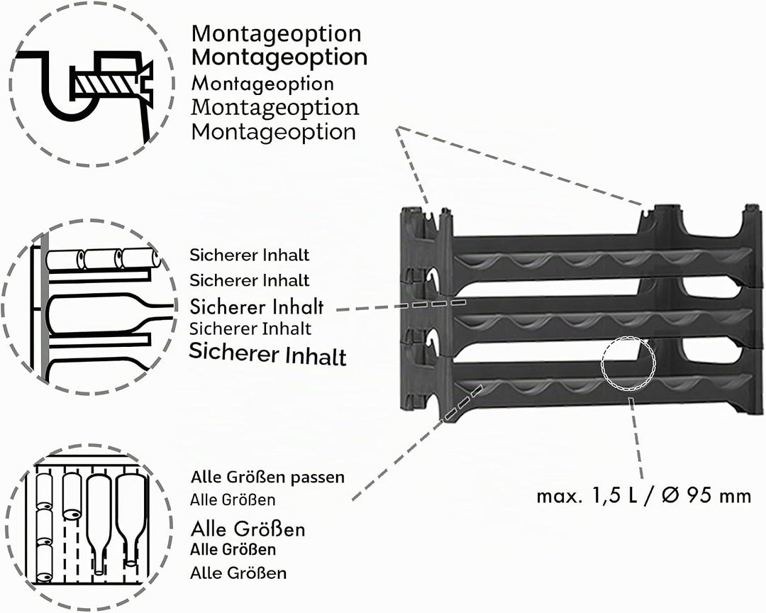 Grizzly Flaschenregal - Modulares, stapelbares Design für 36 Flaschen, Weinregal Anthrazit 6 Module