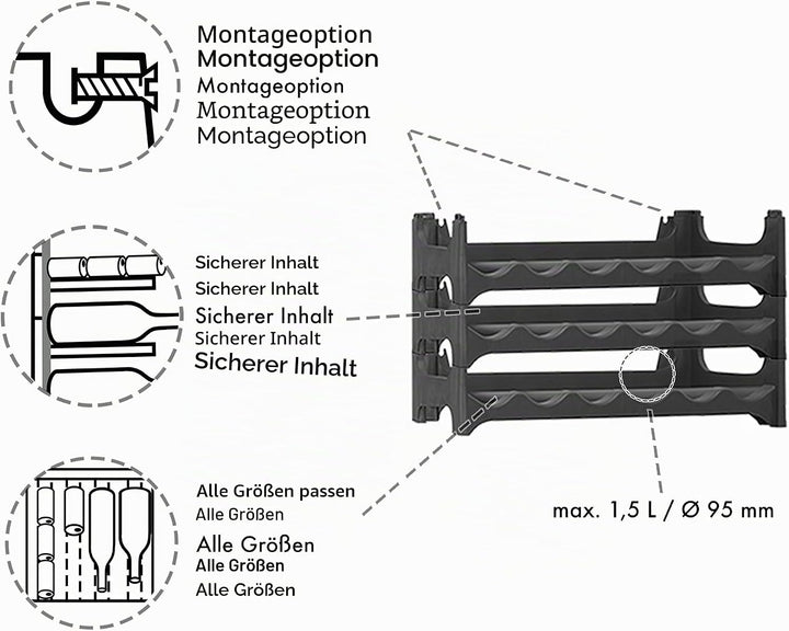 Grizzly Flaschenregal - Modulares, stapelbares Design für 36 Flaschen, Weinregal Anthrazit 6 Module