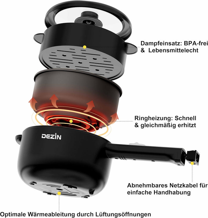 DEZIN Elektrische Hot Pot, 2L Antihaft Elektropfanne, schneller Nudelkocher | mit Dampfgarer,Tragbar