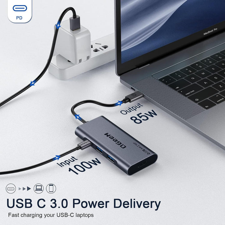 QGeeM USB C Hub, USB C auf HDMI Adapter, 4K 7 in 1 USB C Dongle mit 100W Stromversorgung, 3 USB 3.0