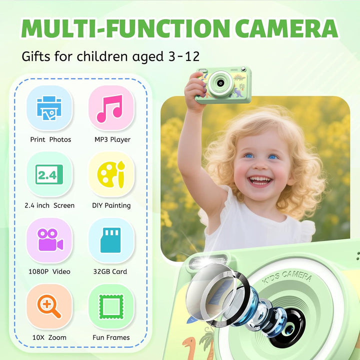 GREENKINDER Sofortbildkamera Kinder, 2.4 Zoll Bildschirm Kinderkamera Sofortbildkamera mit 32GB Kart