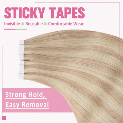 YoungSee 50g Tape Extensions Echthaar Blond Echthaar Extensions Tape Aschblond Highlight Blond Invis