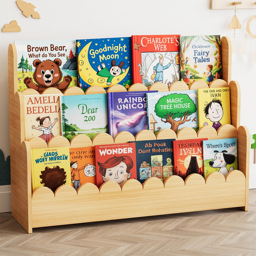 SpaceAid 3-stufiges Kinder Bücherregal mit geschwungenen Kanten, Montessori Bücherregal für Kleinkin