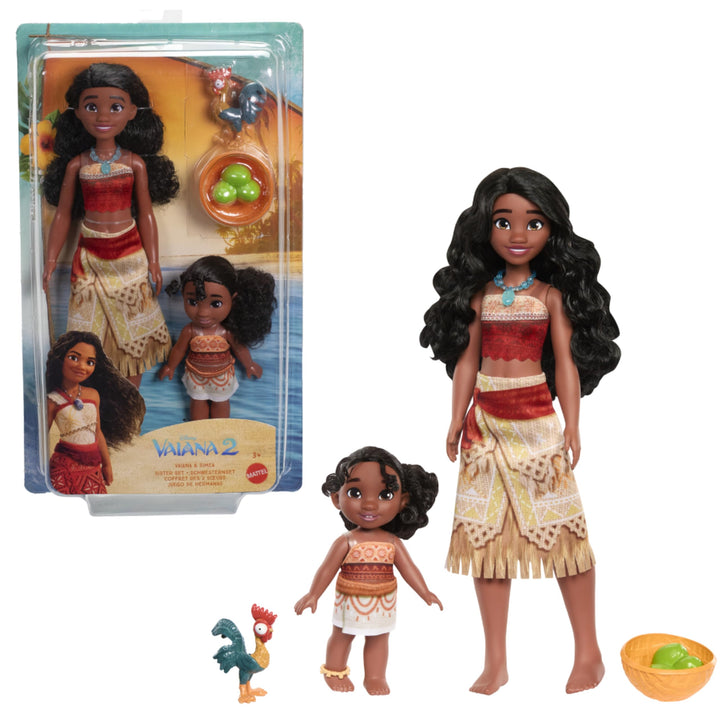 Mattel Disney Vaiana 2 Spielzeuge, Schwesternset mit 2 Modepuppen im bekannten Look, Haustier Heihei