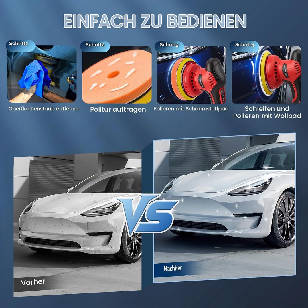 Akku Poliermaschine für Auto, 21V Polishing Machine, 8 Variable Geschwindigkeit - 2800-5500 RPM, mit