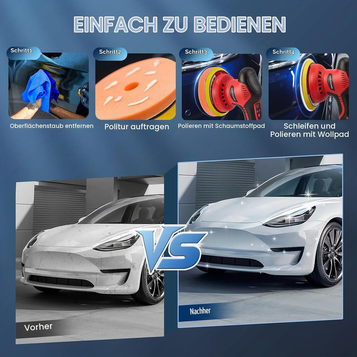 Akku Poliermaschine für Auto, 21V Polishing Machine, 8 Variable Geschwindigkeit - 2800-5500 RPM, mit