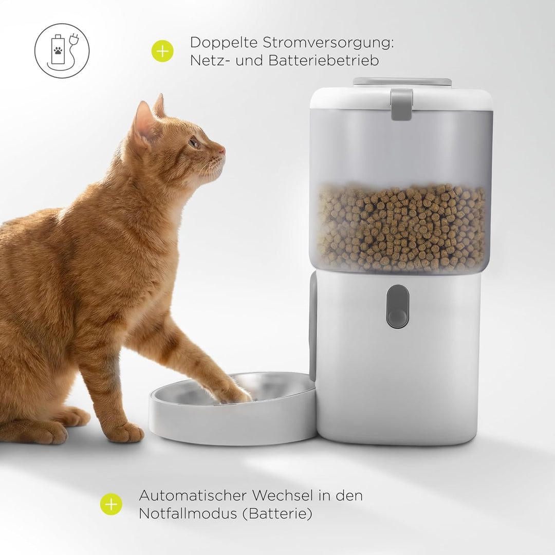 Crispy Wi-Fi Katzenfutterautomat mit App und WLAN, Portionskontrolle und Timer, Edelstahl-Napf, Batt