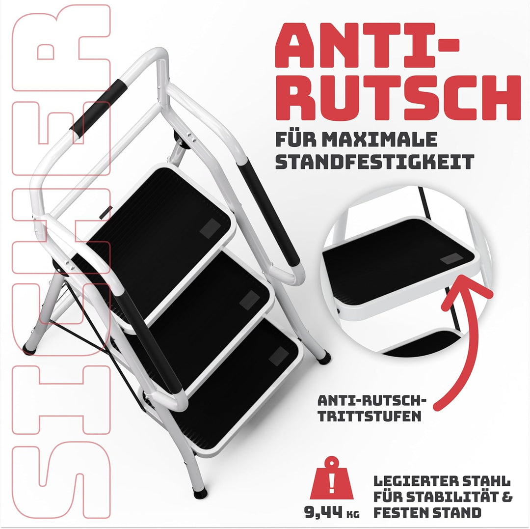 Sicherheitsleiter 3 Stufen Klappbar I TÜV Rheinland Zertifiziert I Belastbar bis 150kg I Anti-Rutsch
