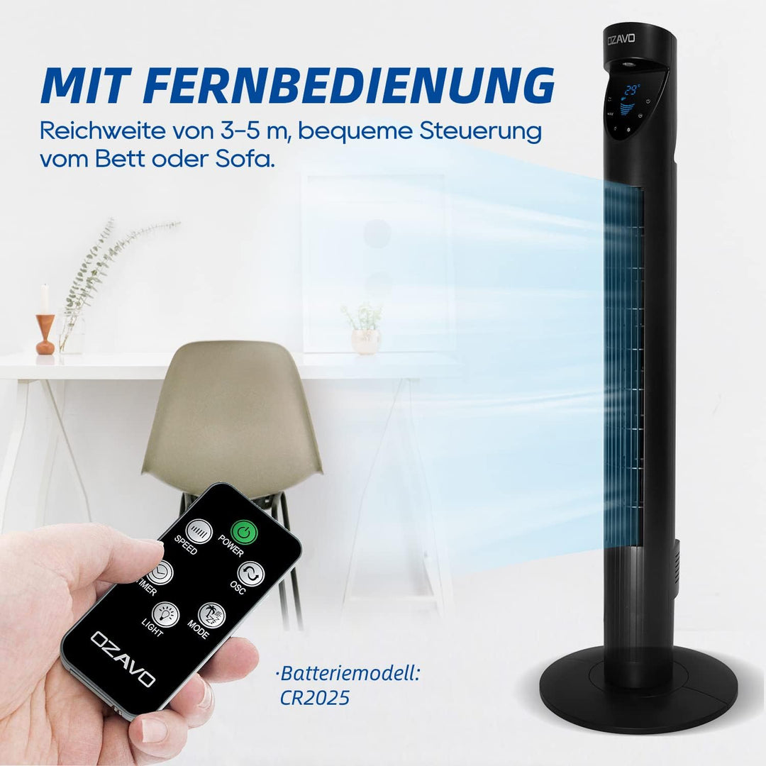 OZAVO Turmventilator mit Fernbedienung und LED-Display, 3 Geschwindigkeitsstufen Fan, Standventilato