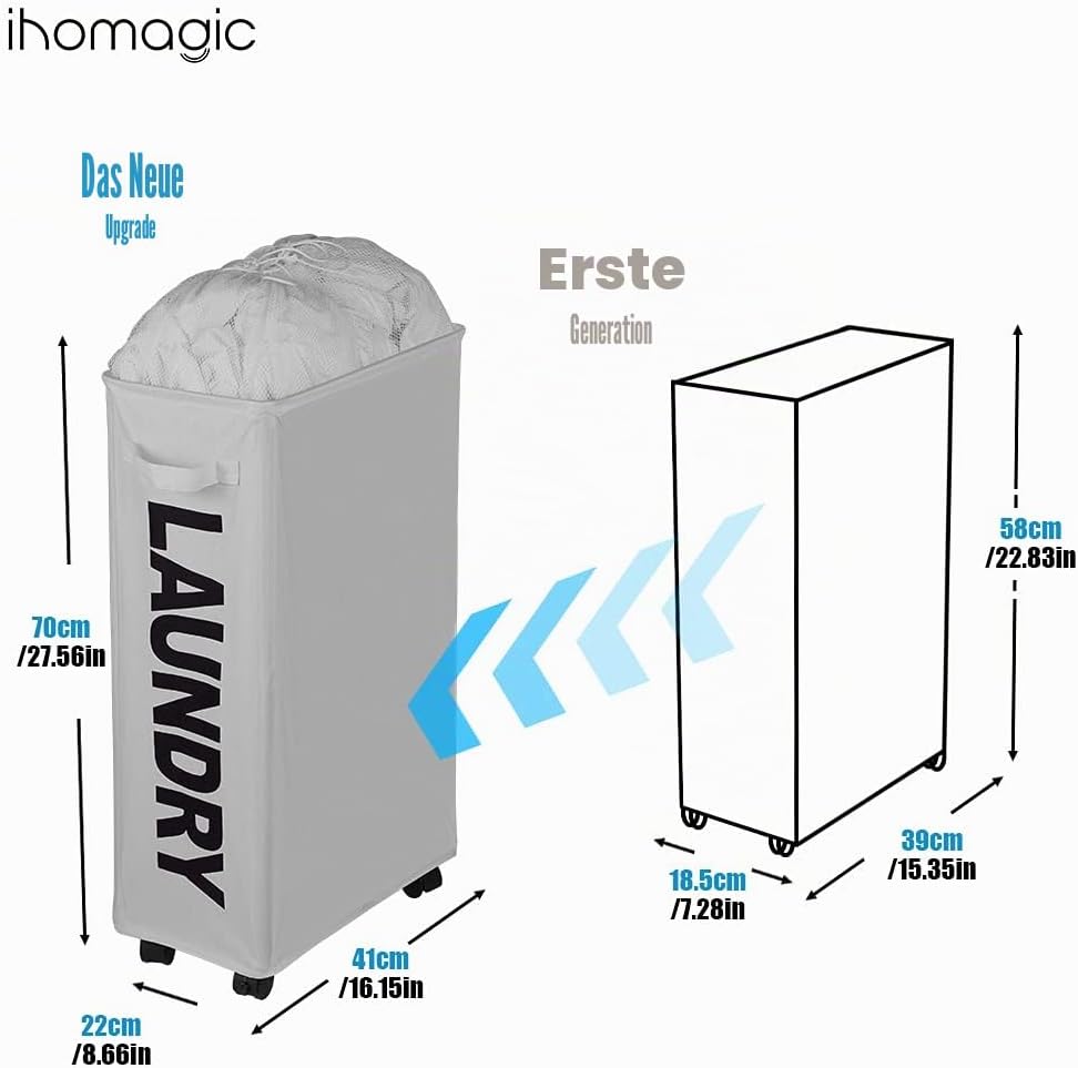IHOMAGIC 62L Schmale Wäschesack mit Rollen - Hoher Wäschekorb mit Abnehmbaren Wäschesäcken, Grossen