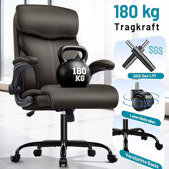 Chefsessel aus PU-Kunstleder, Bürostuhl Ergonomisch mit Verstellbaren Armlehnen und Hoher Rückenlehn