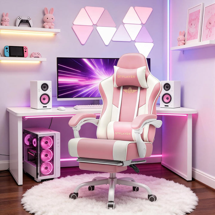GTPLAYER Gaming Stuhl Chair Gamer Sessel - Ergonomischer Gamer Stuhl mit Fussstütze Kopfstütze und L