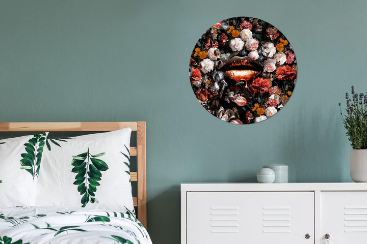 Wandbild Rund Wanddeko Deko Wohnzimmer Bilder 60x60 cm Lippen - Blumen - Farbe - Orange - Kunst - Ab