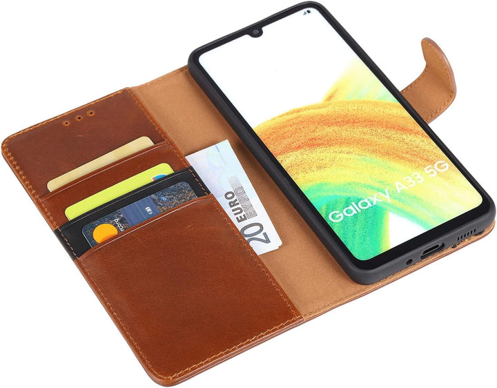 LENSUN Echtleder Hülle für Samsung Galaxy A33, Handyhülle [Echtes Leder] [Magnetverschluss] [RFID Sc