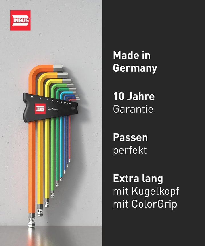 INBUS® 70273 Winkelschraubendreher Set 9tlg, 1.5–10mm, mit ColorGrip bunt & Kugelkopf — Made in Germ