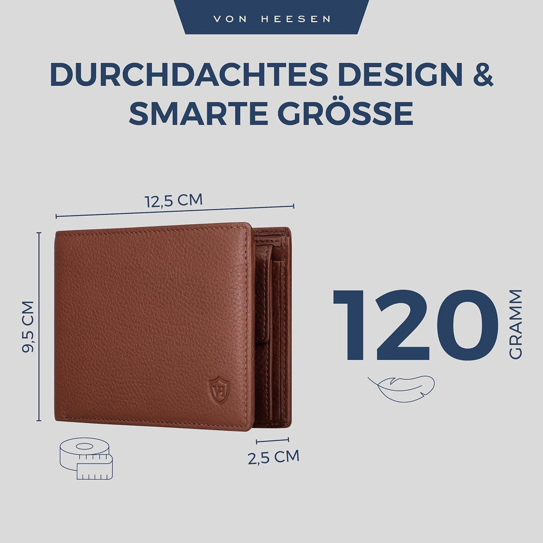 VON HEESEN Leder Geldbörse Herren mit RFID Schutz I Echtleder Geldbeutel für Männer I Münzbörse Port