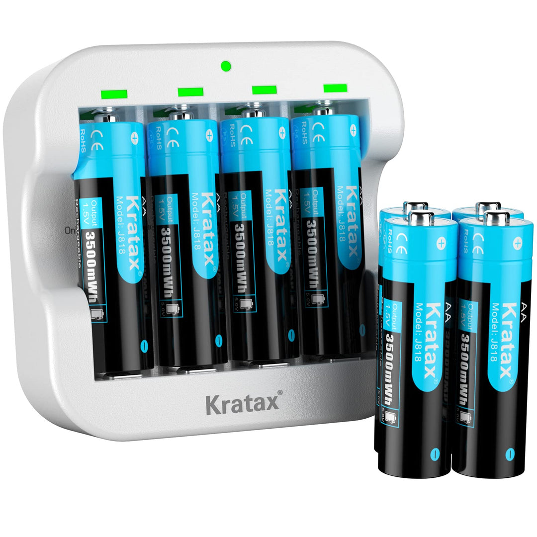 Kratax 1,5V Wiederaufladbare Lithium AA Akku, 1,5 Volt Konstante Ausgabe, 3500mWh mit 1600 Zyklen, 8