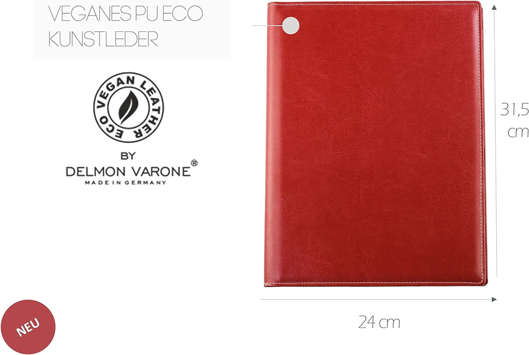 DELMON VARONE - Schreibmappe inkl. Notizblock DIN A4 (80 Blatt) aus veganem Eco Kunstleder Rot - Org