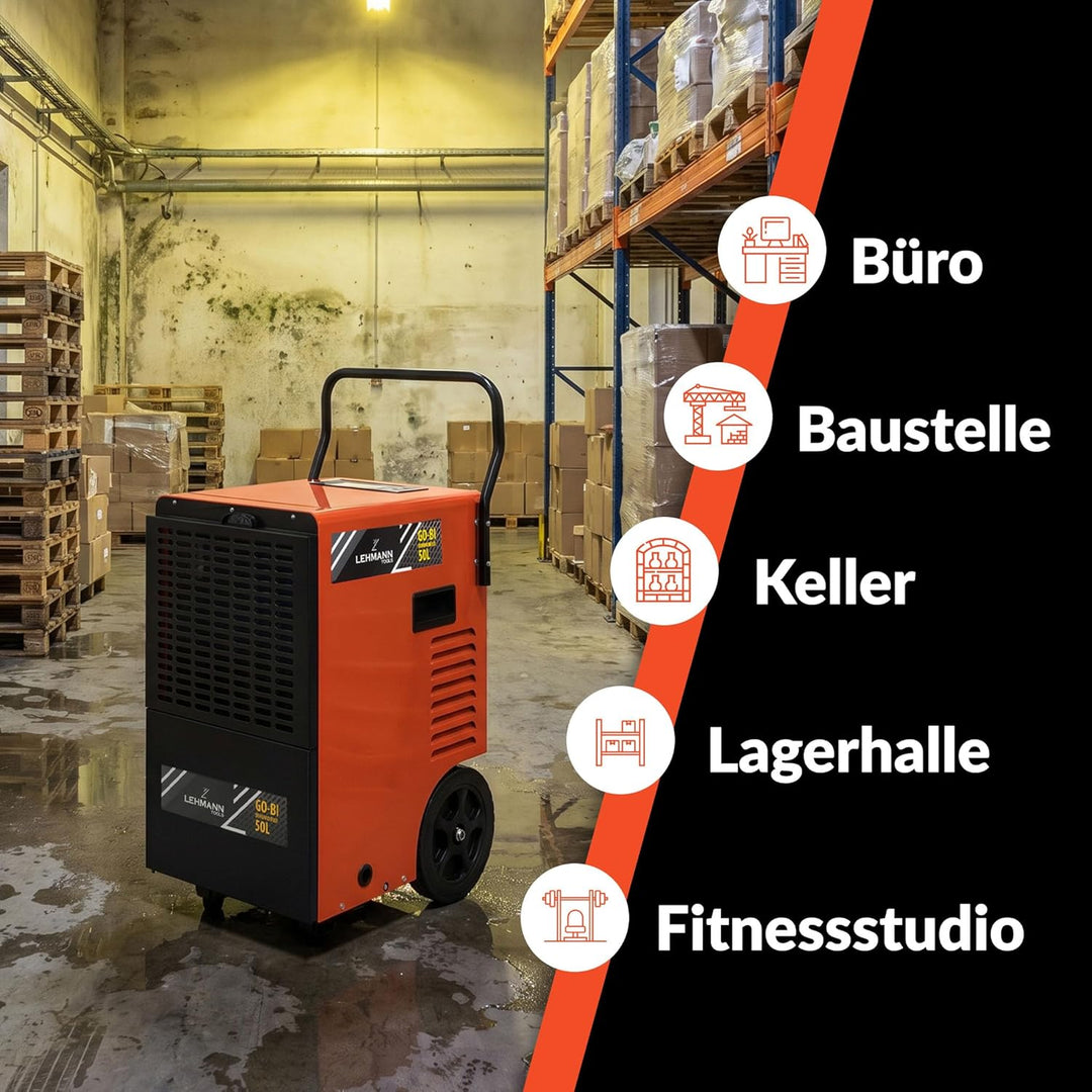 LEHMANN Profi Bautrockner Luftentfeuchter, Entfeuchtungsleistung 50 L/Tag, Fläche bis 120 m²/300 m³,