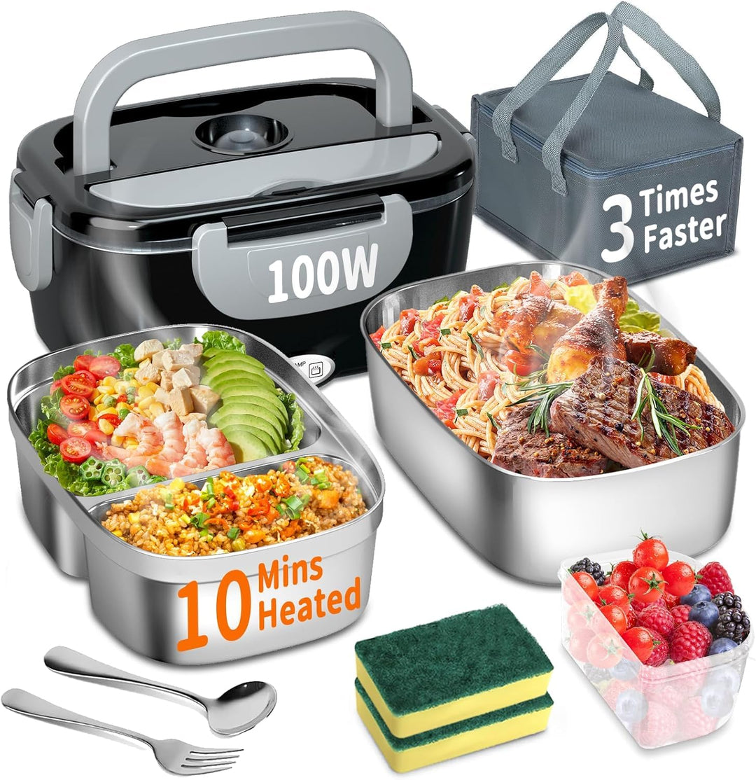 Elektrische Lunchbox 100W, 3-in-1 tragbare beheizte Lunchbox, Herausnehmbare Edelstahl-Brotdose, 12V