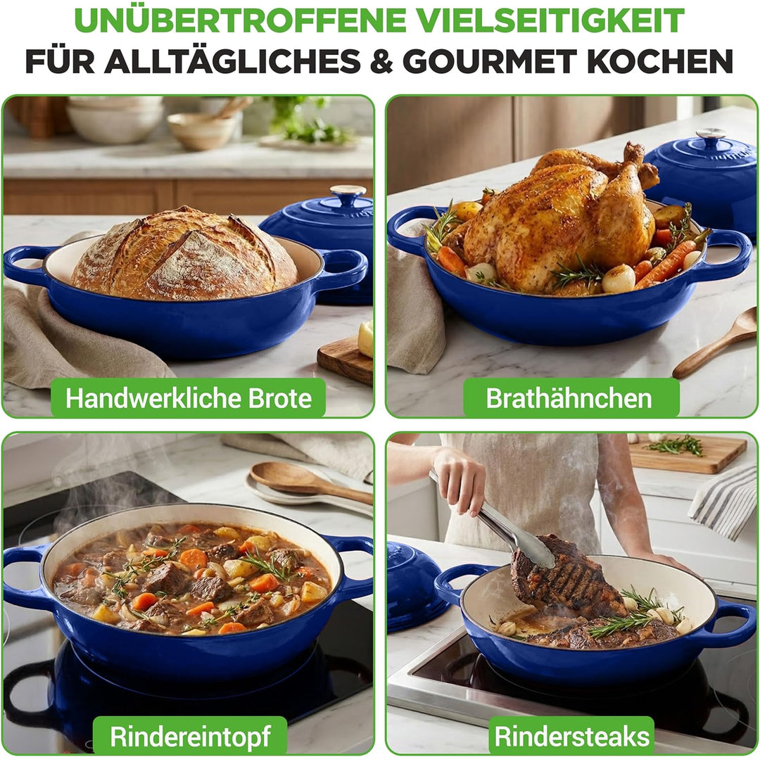 NutriChef Gusseisentopf zum Brotbacken 26 cm Dutch Oven Emailliert Blau– Mit Deckel und Griffen – In