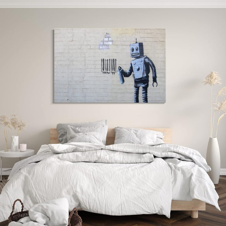 Printed Paintings Leinwand (100x70cm): Banksy - Roboter Robot sprüht Bar-Code auf Wand Graffiti-W 10
