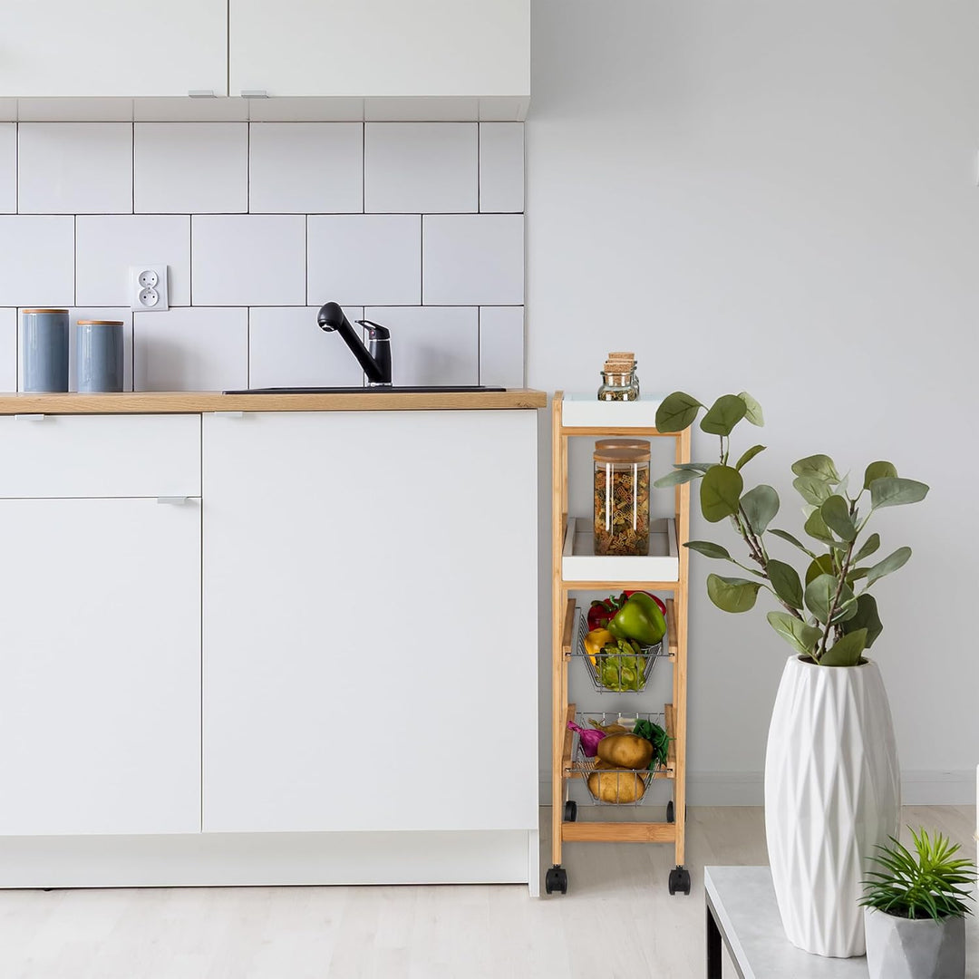 Relaxdays Nischenwagen, 4 Ablagen, schmales Nischenregal Bad & Küche, HBT 83 x 22 x 40 cm, Bambus, R