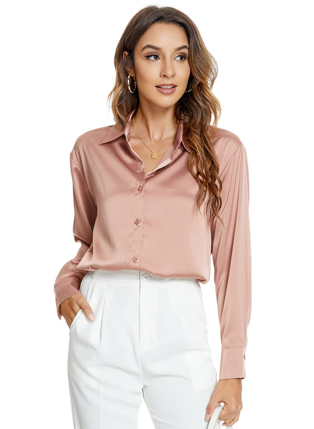 Atnlewhi Damen Bluse Langarm Knöpfen Satin Seide Hemden Basic Kent Kragen Arbeit Büro Formelle Casua