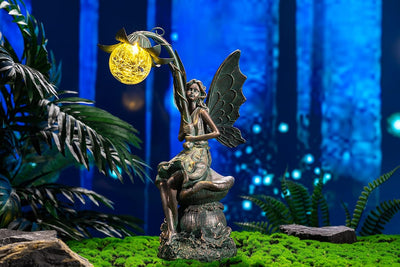 TERESA'S COLLECTIONS Gartenfiguren für aussen, Gartendeko für draussen, 35cm Sitzende Elfen mit Sola