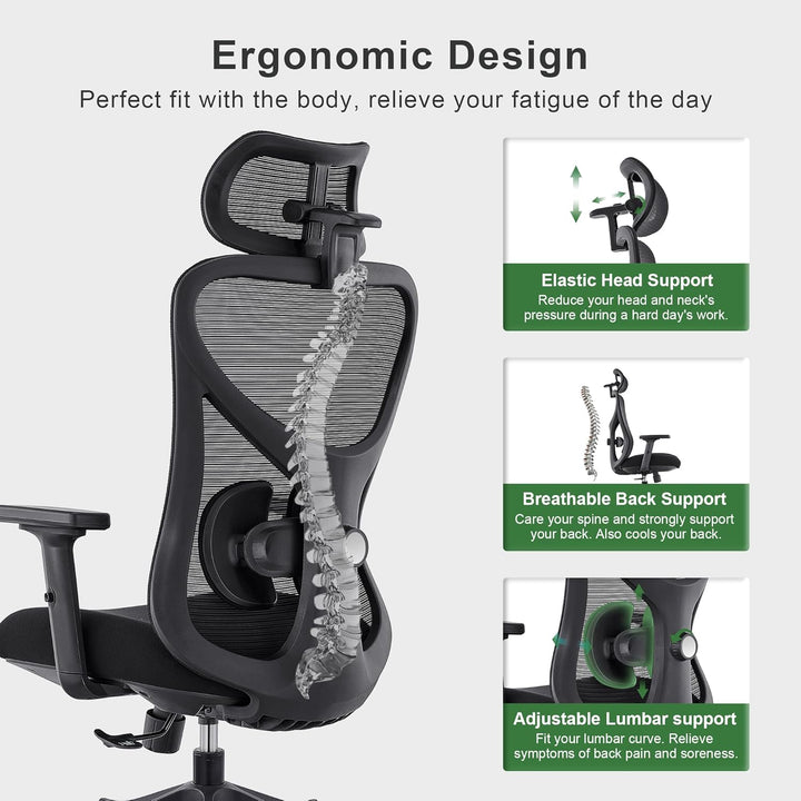 CALIYO G-1635H Bürostuhl Ergonomisch, Schreibtischstuhl mit Verstellbarer Kopfstütze, Armlehnen, Len